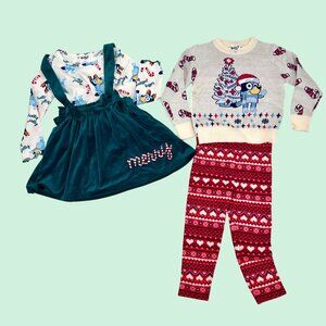 4 PC LOT OF KIDS CHRISTMAS OUTFITS GARANIMALS BLUEY SWEATER TOP & PINAFORE SKIRT